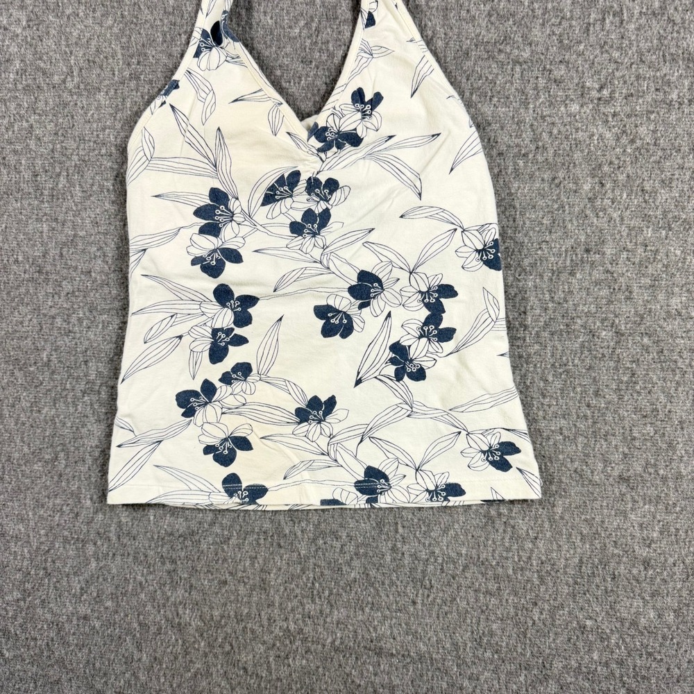 Y2K Old Navy Womens Floral Halter Top Cream Navy Blue Stretch V-Neck Size S